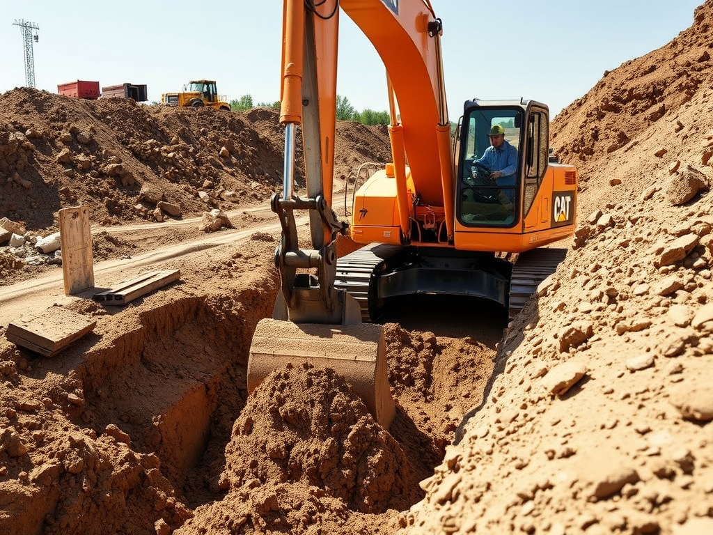 Excavator digging a deep trench on a construction site